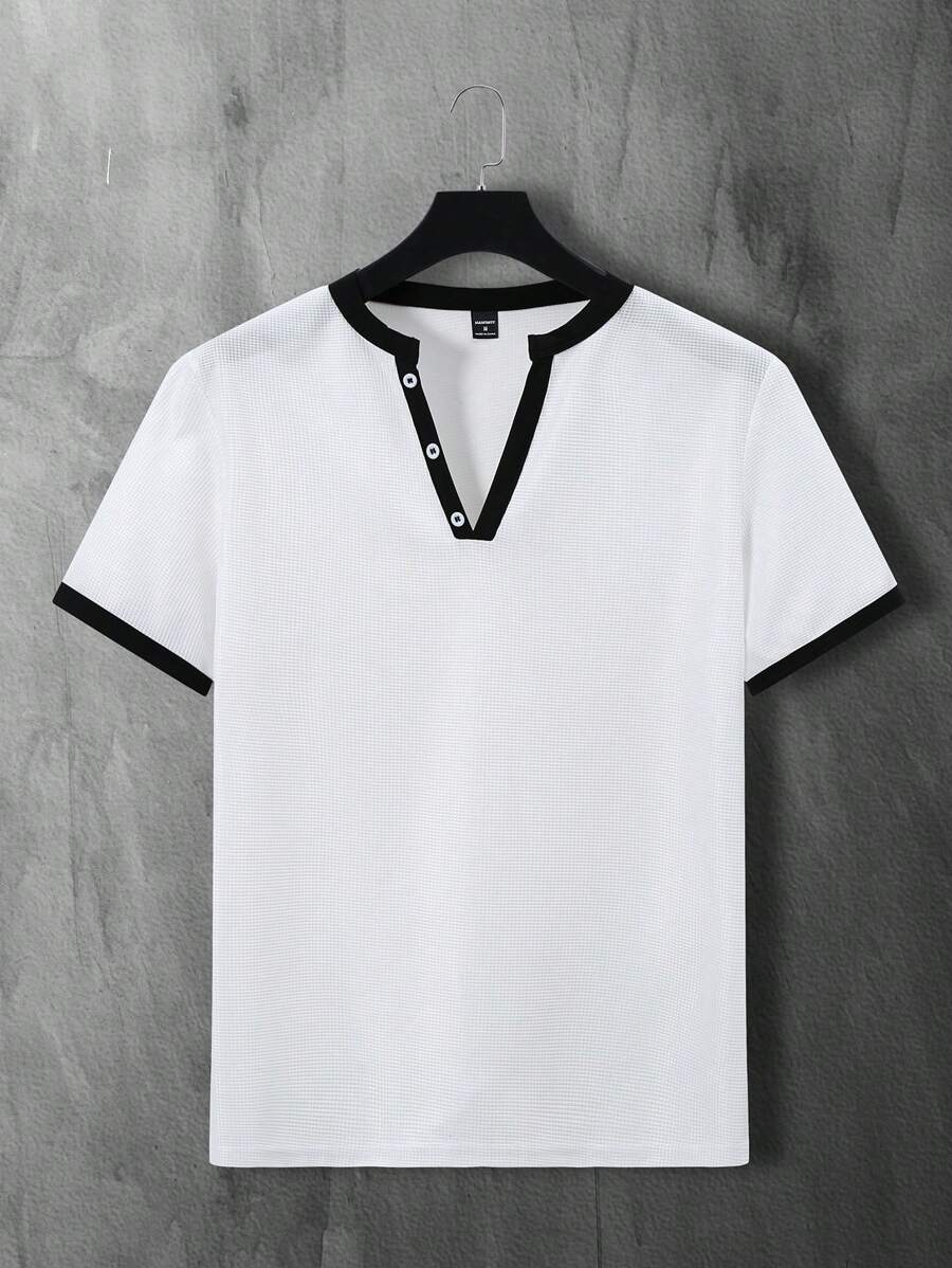 Manfinity LEGND Men's Casual Color Block Trim Notched Neck Short Sleeve T-Shirt - White - View 1
