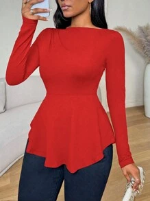 VaVaBold 纯色荷叶边下摆修身长袖女式 T 恤、黑色上衣、秋装、秋季女装