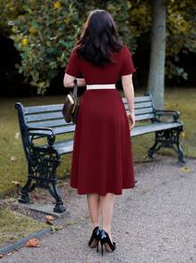 Vintamour Vestido elegante vintage de verano y otoño para mujer con cuello de color block, lazo y mangas cortas acampanadas. Atuendo de mujer para el Día de Acción de Gracias, ropa elegante de otoño, vestidos de mujer para el Día de San Valentín, atuendos de verano para mujer, vestidos elegantes para mujer