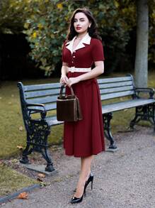 Vintamour Vestido elegante vintage de verano y otoño para mujer con cuello de color block, lazo y mangas cortas acampanadas. Atuendo de mujer para el Día de Acción de Gracias, ropa elegante de otoño, vestidos de mujer para el Día de San Valentín, atuendos de verano para mujer, vestidos elegantes para mujer