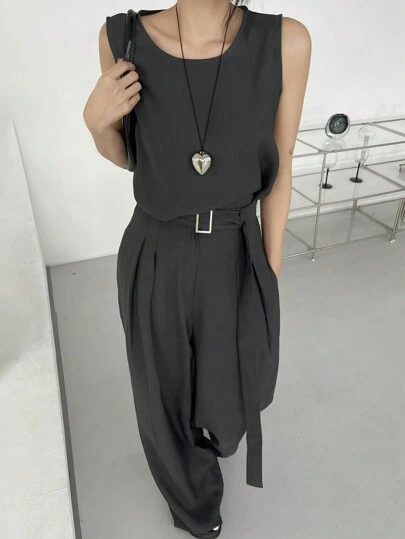 DAZY 女士两件套圆领无袖上衣和阔腿裤家居服套装