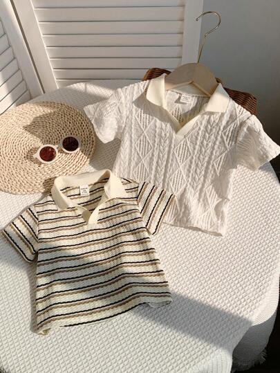 SHEIN LMoss Kids Bộ 2 áo thun polo sọc ngắn tay mùa hè cho bé trai, đa năng, thích hợp cho tiệc sinh nhật, tiệc tùng, biểu diễn, đám cưới, Tết Nguyên đán, lễ rửa tội và lễ kỷ niệm sinh nhật đầu tiên