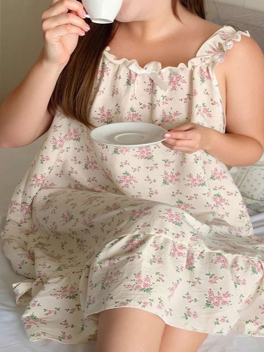 Dazy Petite Plus 加大码碎花无袖宽松睡袍，杏色，春夏，睡衣