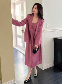 DAZY 2pcs Elegant & Sophisticated Blazer And Spaghetti Strap Dress Suit Set - Coral Pink - View 5