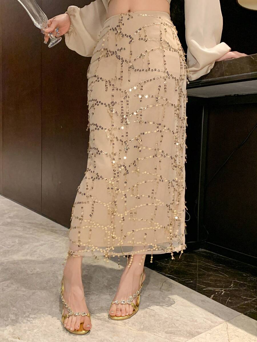 DAZY 女士优雅通勤亮片流苏装饰直筒裙，适合舞会、新年、嘉年华等场合 - 杏色 - 查看 1