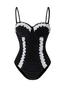 Swim Mod 女士优雅蕾丝边无线聚拢连体泳衣，适合夏季海滩度假