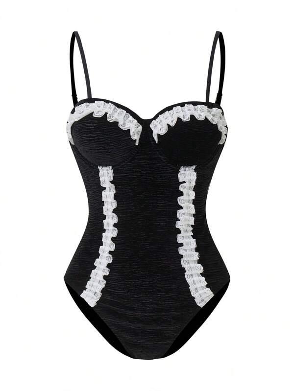 Swim Mod Women's Elegant Lace Trim Wireless Push-Up One-Piece Swimsuit, For Summer Beach Vacation