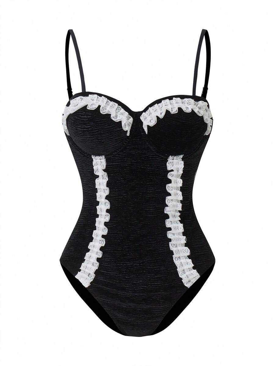 Swim Mod 女士优雅蕾丝边无线聚拢连体泳衣，适合夏季海滩度假