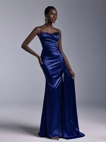 Elitara Elegant And Gorgeous Dark Blue Luxury Stretch Bright Satin Stitching Embroidered Lace Sequins V-Neck Breast Cup Pleats High Slit Fishtail Cascading Side Large Floating Pieces Decoration Suitable For Weddings, Festivals, Bachelor Parties, Graduation Evening Gowns (Heavy Industrial Style) Formal Prom Wedding Guest Dress, For Dinner Party Dress