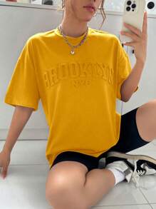 SHEIN EZwear 夏季上衣 粉色纯色字母压花落肩 T 恤 - 芥末黃 - 查看 3