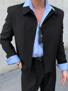 DAZY 男士纯黑色西装套装，包含夹克和裤子，适合所有季节，秋冬季商务着装 - 黑色 - 查看 7