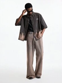 NEON BLANC Men's Street Fashion Embroidered Woven Denim Short Sleeve Shirt - Black - View 6