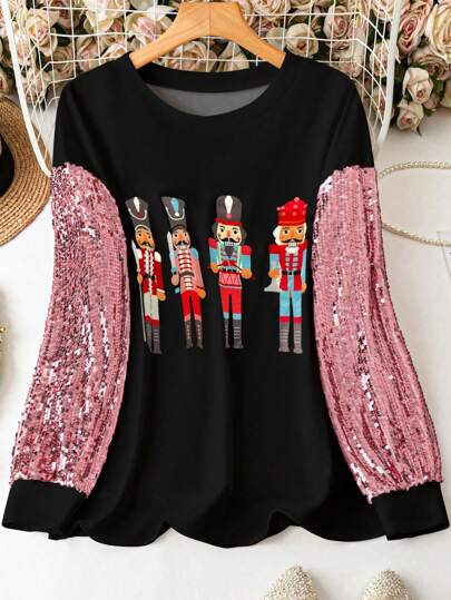 SHEIN LUNE Plus Size Sequin Decor Casual Sweatshirt, Stylish For Everyday Wear Pullover Fall Sweatshirt