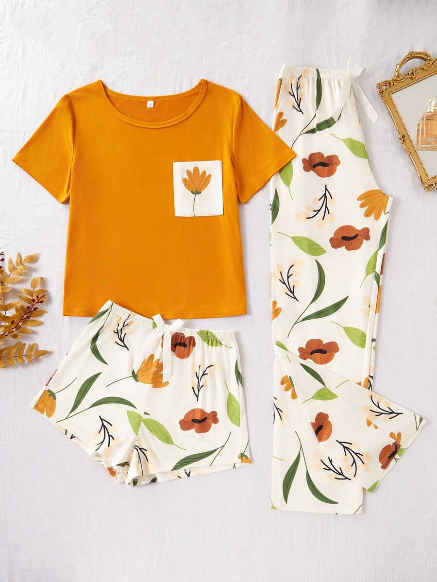 3 pièces/Ensemble Pyjama Décontracté Confortable avec Motif Floral pour Femmes