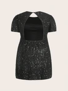SHEIN EZwear Plus Size Women Solid Color Round Neck Short Sleeve Sequin Casual Dress,Valentine's Day - Black - View 1
