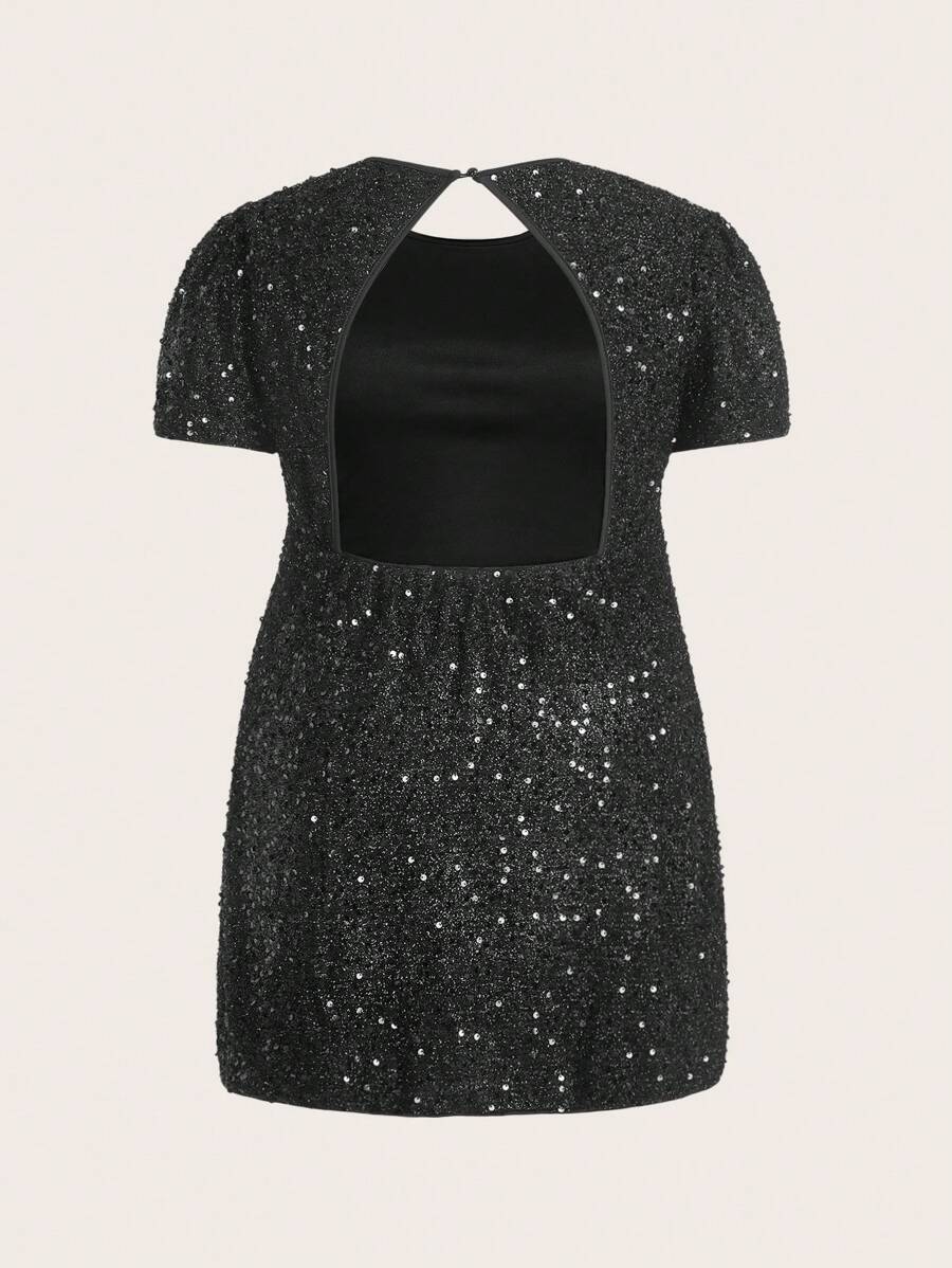 SHEIN EZwear Plus Size Women Solid Color Round Neck Short Sleeve Sequin Casual Dress,Valentine's Day - Black - View 1
