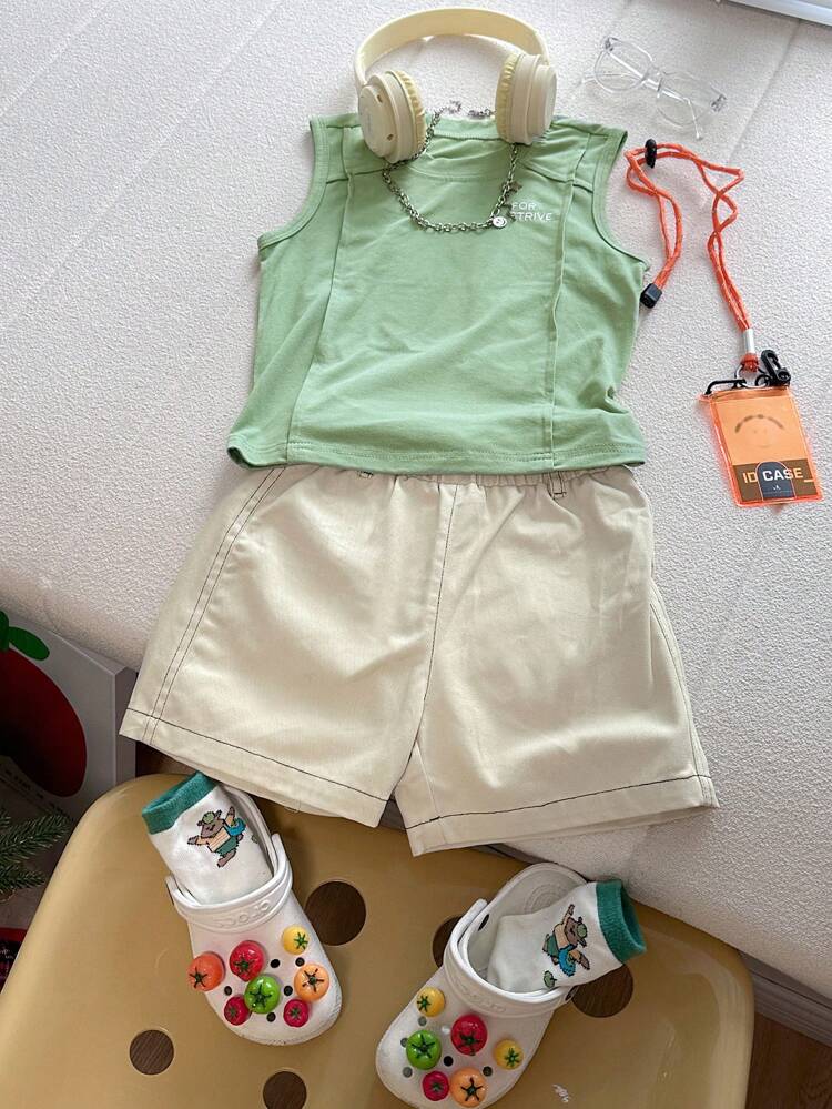 2pcs Toddler Boys Plain Crew Neck Sleeveless Top And Shorts Casual Outfit Set