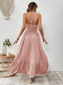 SHEIN VCAY Women's Solid Color Hollow Out Waist & Halter Neck Vacation Dress