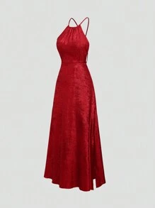 SHEIN Unity 情人节女士修身露背连衣裙，抽绳领，侧高开衩，闪亮面料 - 紅色 - 查看 6