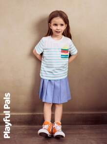 SHEIN 2 PIECES Ensemble chemisier et jupe plissée pour filles, t-shirt à manches courtes avec motif contrastant rayé et soleil, et jupe mini polyvalente, casual pour le quotidien, les sorties, l'école, les fêtes, printemps/été/automne - Multicolore - Voir 7