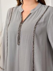 Al Najma Plus Size Women's Splice Ribbon Trim Loose Long Sleeve Traditional Arabic Style Dress, Modest Kaftan - Grey - View 6