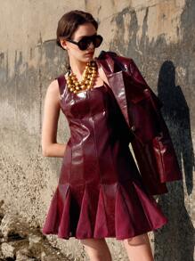 Anewsta Valentine's Day Autumn Shiny PU Leather Patch Mesh Splicing U-Neck Dress With Suit Jacket, Co-Ord Set