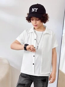 SHEIN 男童白色字母印花休闲短袖衬衫 - 白色 - 查看 2