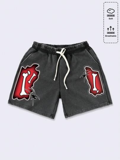 Goth Men's Skeleton Washed Print Casual Shorts, Simple & Fashionable For Daily Wear, Halloween