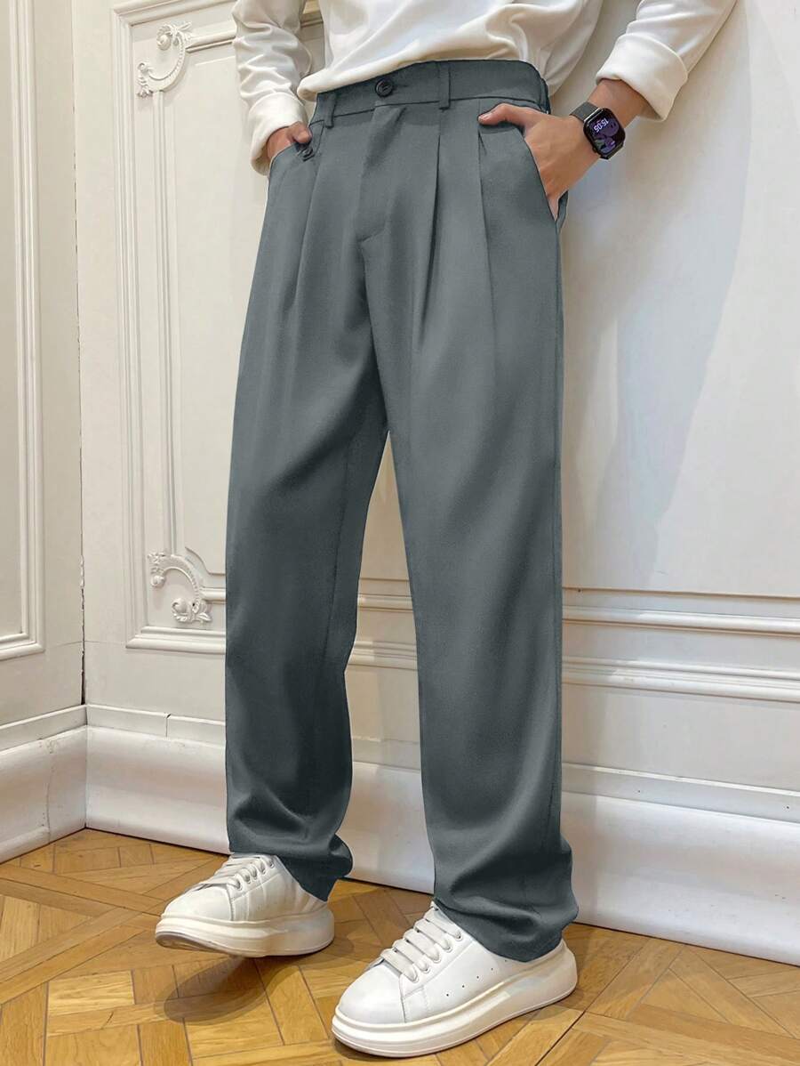 Claim Dot 简约纯色休闲裤，时尚日常穿搭 - 深灰色 - 查看 1