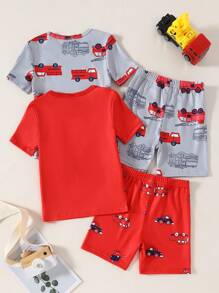 SHEIN 4pcs Young Boy Cartoon Car Print Soft & Stretchy Knit Short Sleeve Top & Shorts Sleepwear Set - Multicolor - View 2