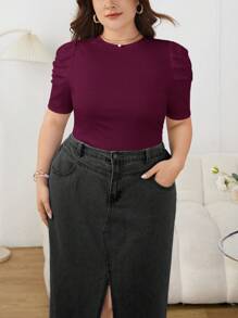 SHEIN Privé 大码纯色圆领短袖简约 T 恤，休闲日常穿着 - 紫色 - 查看 6