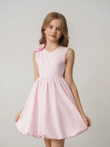 Tween Girl' Solid V-Neck Sleeveless Pleated One Shoulder Floral Waist A-Line Short Simple Formal Dress, Elegant Suitable For Flower Girl, Bridesmaid Wedding