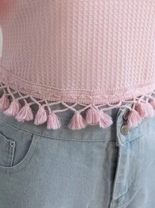 Soleia Plus Size Casual Solid Color Fringed Hem Short Sleeve T-Shirt - Pink - View 8