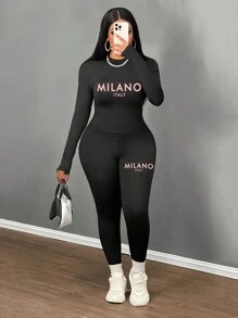 Slaydiva 2Pcs Casual Minimalist Milano Letter Print Set, Autumn/Winter, Plus Size - Black - View 1