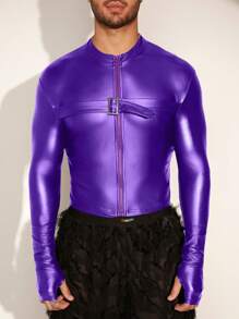 FeverCity Men's Solid Color Long Sleeve Adjustable PU Leather Zip-Up Jacket