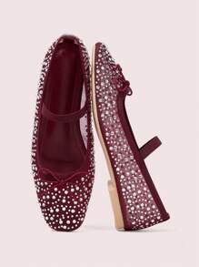 CUCCOO DOLLMOD Fashionable Wine Red Fully Rhinestoned Mesh Mary Jane Flats, Cute & Sweet For School, Students Spring Shoes Spring Break Easter - Burgundy - View 6