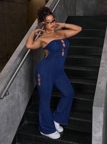 SHEIN ICON Plus Size Women Denim Jumpsuit, Casual & Fashion For Everyday Wear For Summer - Dark Wash - View 5
