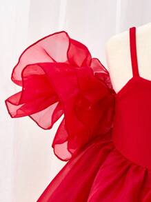 SHEIN Fern Glow  Babygirl Lovely Summer Red Knitted Patchwork Organza Ruffle Trim Spaghetti Strap Party Dress