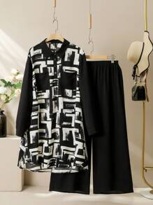 Lacomfia 2pcs Plus Size Women Retro Geometric Patchwork Long Sleeve Shirt And Pants Set Fall Cloth For Women