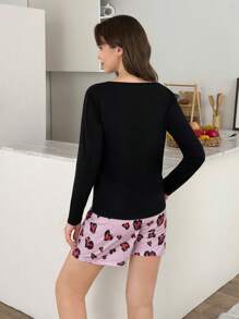 SHEIN Cottnline Women Viscose Fabric Lace Detail Shirt And All Over Contrast Colour Heart Pattern Short Pj Set - Black - View 2