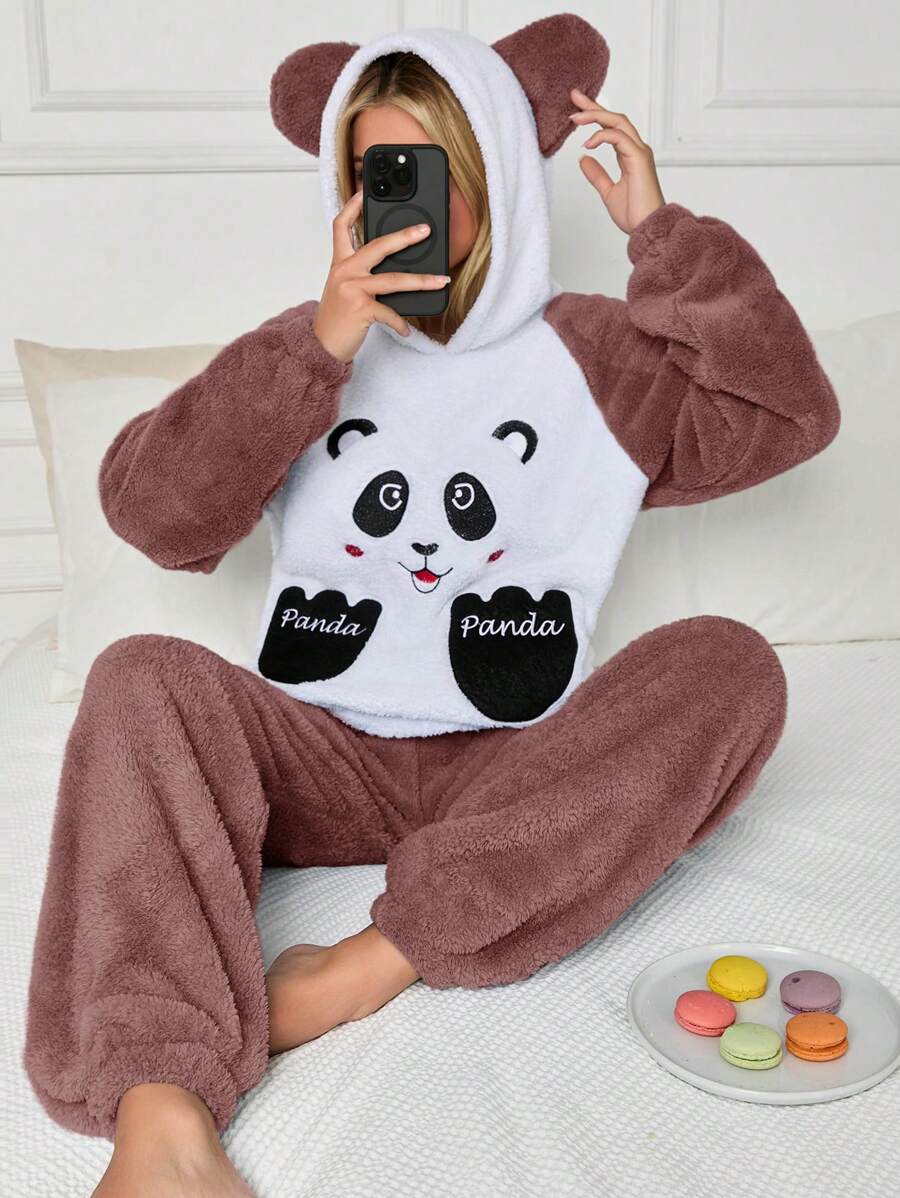 RueChic 2Pcs Pelush Panda Embroidery Detail Hoodie And Long Bottoms PJ Set - Rusty Rose - View 1