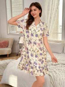 Teen Girl Elegant Floral Print Short Sleeve Maxi Nightgown Loungewear, Comfortable & Fashionable - Multicolor - View 5