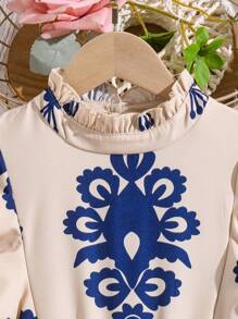 SHEIN Tween Girl Ruffle Hem Allover Print Front Tie Elegant Dress - Blue - View 3
