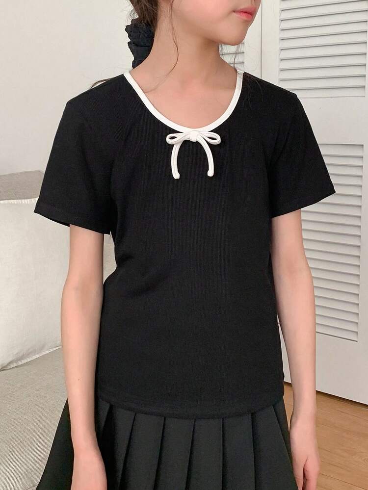 Tween Girl Bow Decor Round Neck Short Sleeve T-Shirt, Summer, Back To School
