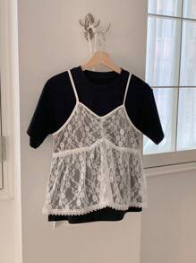 DAZY 2pcs/Set Tween Girl Solid Color Lace Camisole & Short Sleeve Top - Black and White - View 1