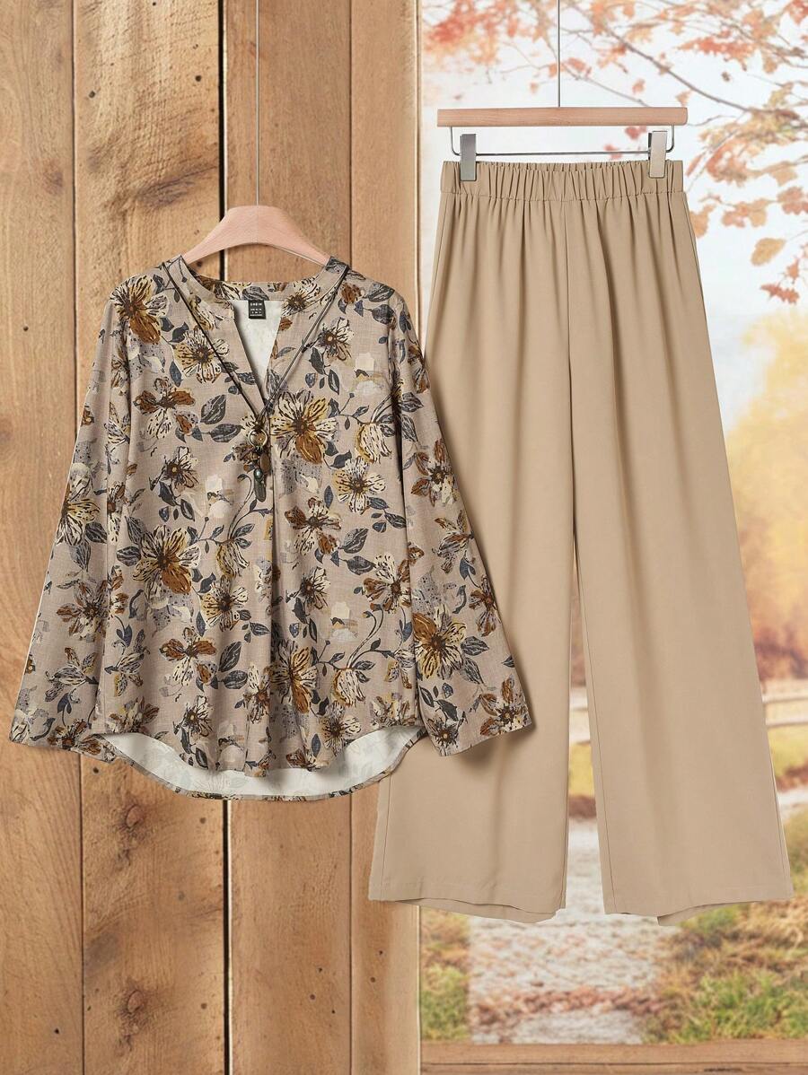 Rusticease Ensemble de 2 pièces pour femmes, Top imprimé fleurs à manches longues et pantalon de couleur unie