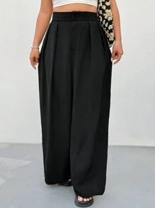SHEIN EZwear Plus Size Office Women Outfits,Black High Waist Straight Leg Casual Pants, Minimalist & Stylish For Daily Wear,Spring Summer Clothes