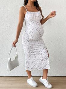 SHEIN Vestido de maternidad entallado de media longitud con estampado floral de margaritas rojo y azul, tirantes de espagueti y abertura lateral, para primavera y verano - Blanco - Ver 3