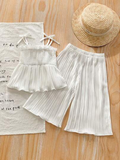 SHEIN LMoss Kids LMoss 女婴夏季可爱纯色褶皱吊带背心和松紧腰长裤 2 件套