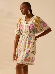 CAJUNI Women's Boho Floral Print V-Neck Loose Beach Mini Dress, Casual For Summer Vacation - Multicolor - View 3